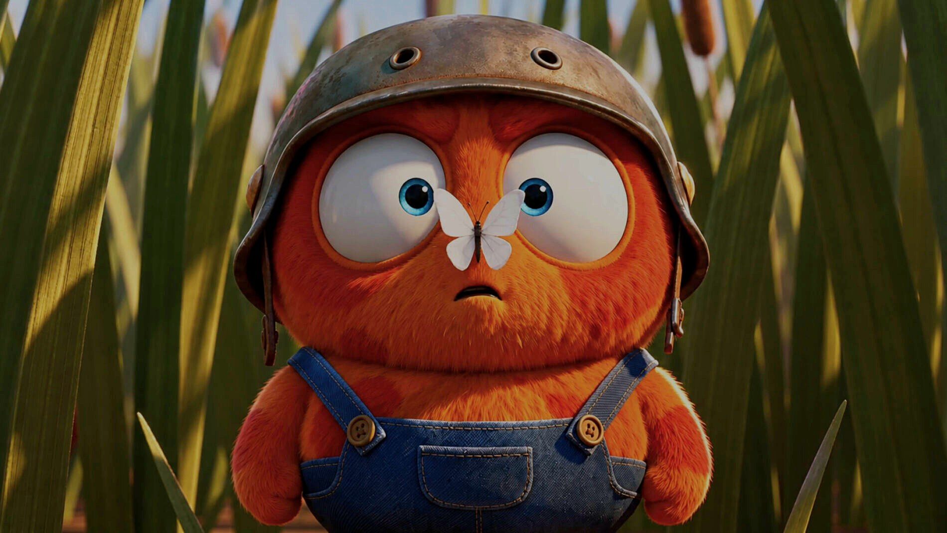 Grumplet in the grass with a butterfly on his nose — TAMITOS animated kids series about autism, emotions and empathy