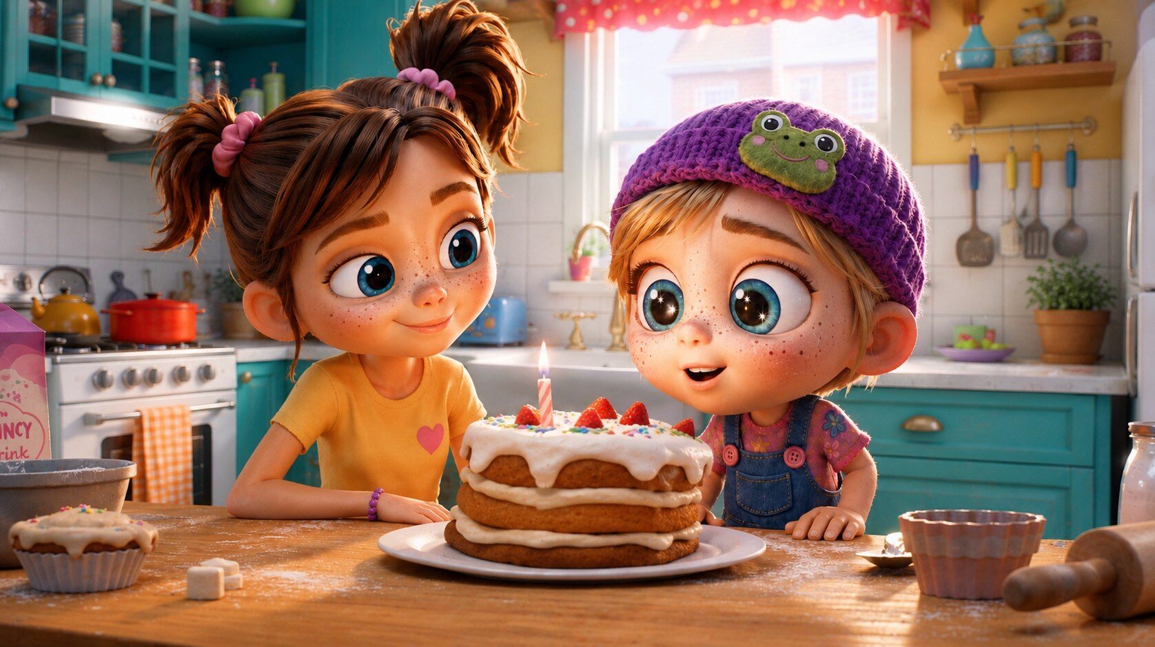 Ela and Lumi baking a cake together — TAMITOS animated kids series about autism, emotions and empathy