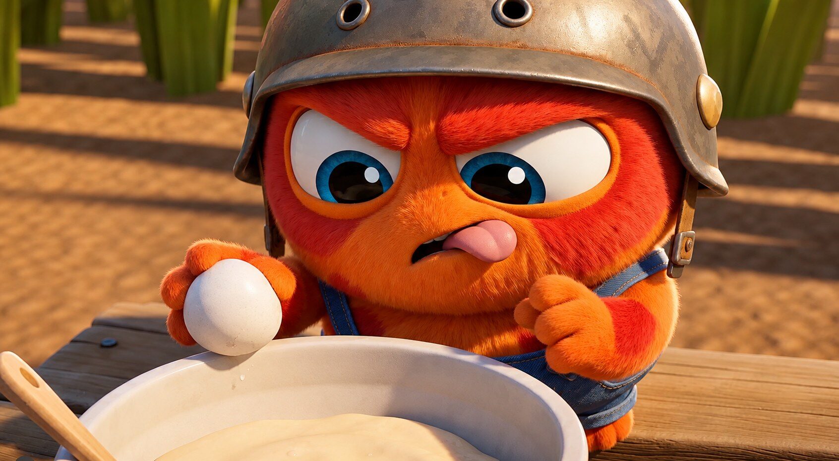 A Tamito holding an egg in the kitchen — TAMITOS animated kids series about autism, emotions and empathy