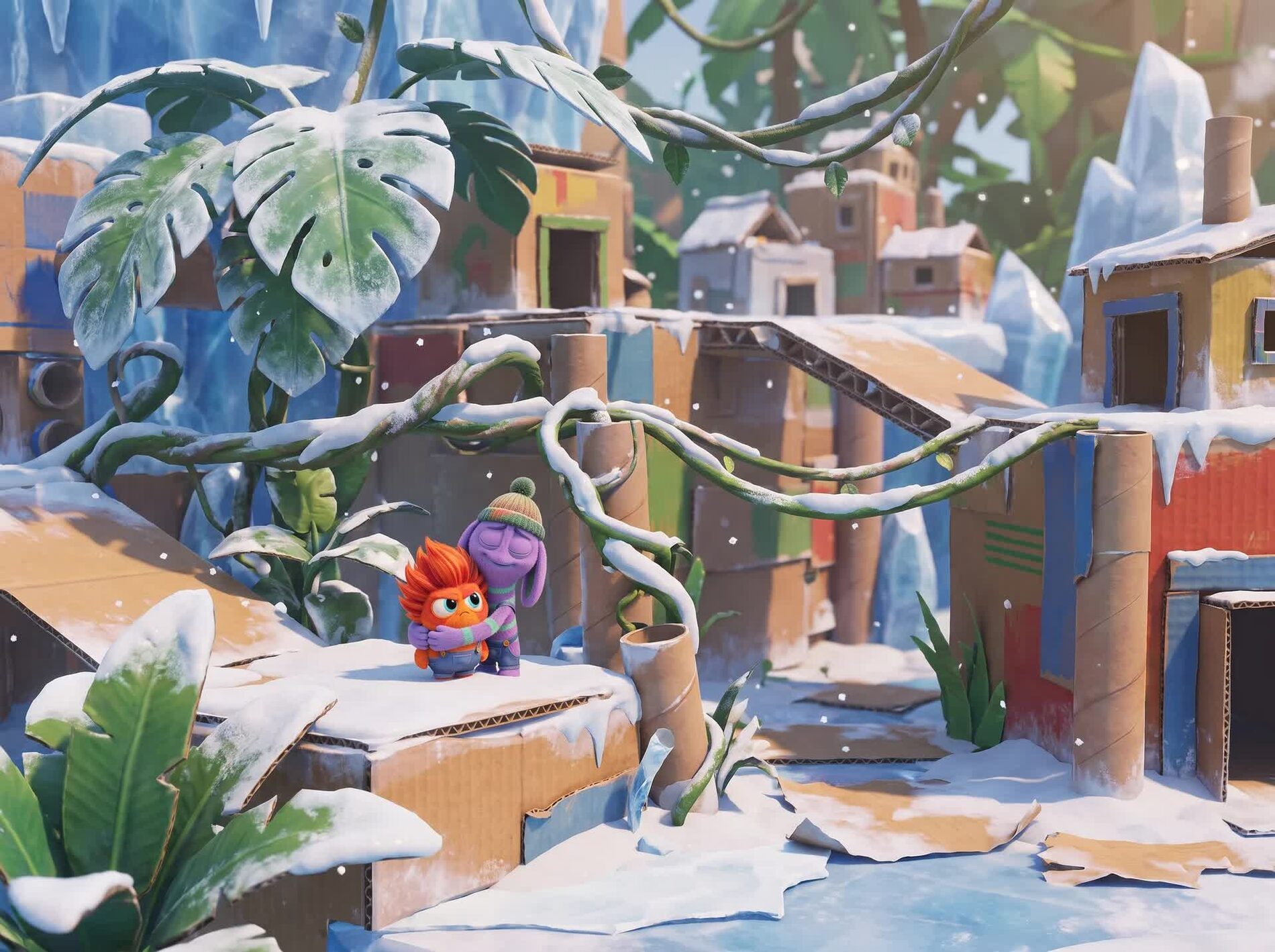 Tamitos 3D platformer game world, snowy cardboard jungle level — animated kids series about autism, emotions and empathy
