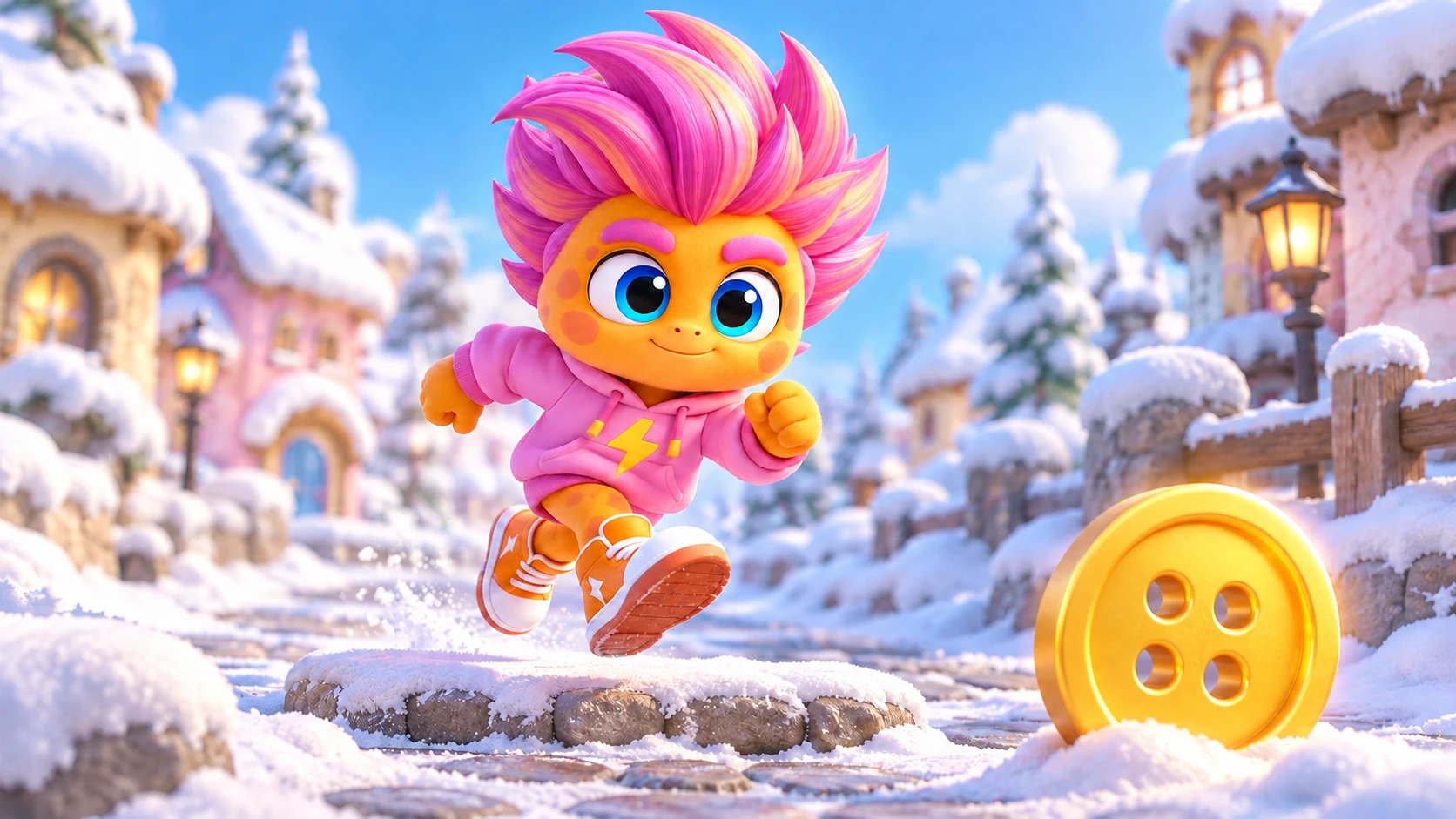 Zoomie Run: new illustrative artwork with a snowy world and a button.
