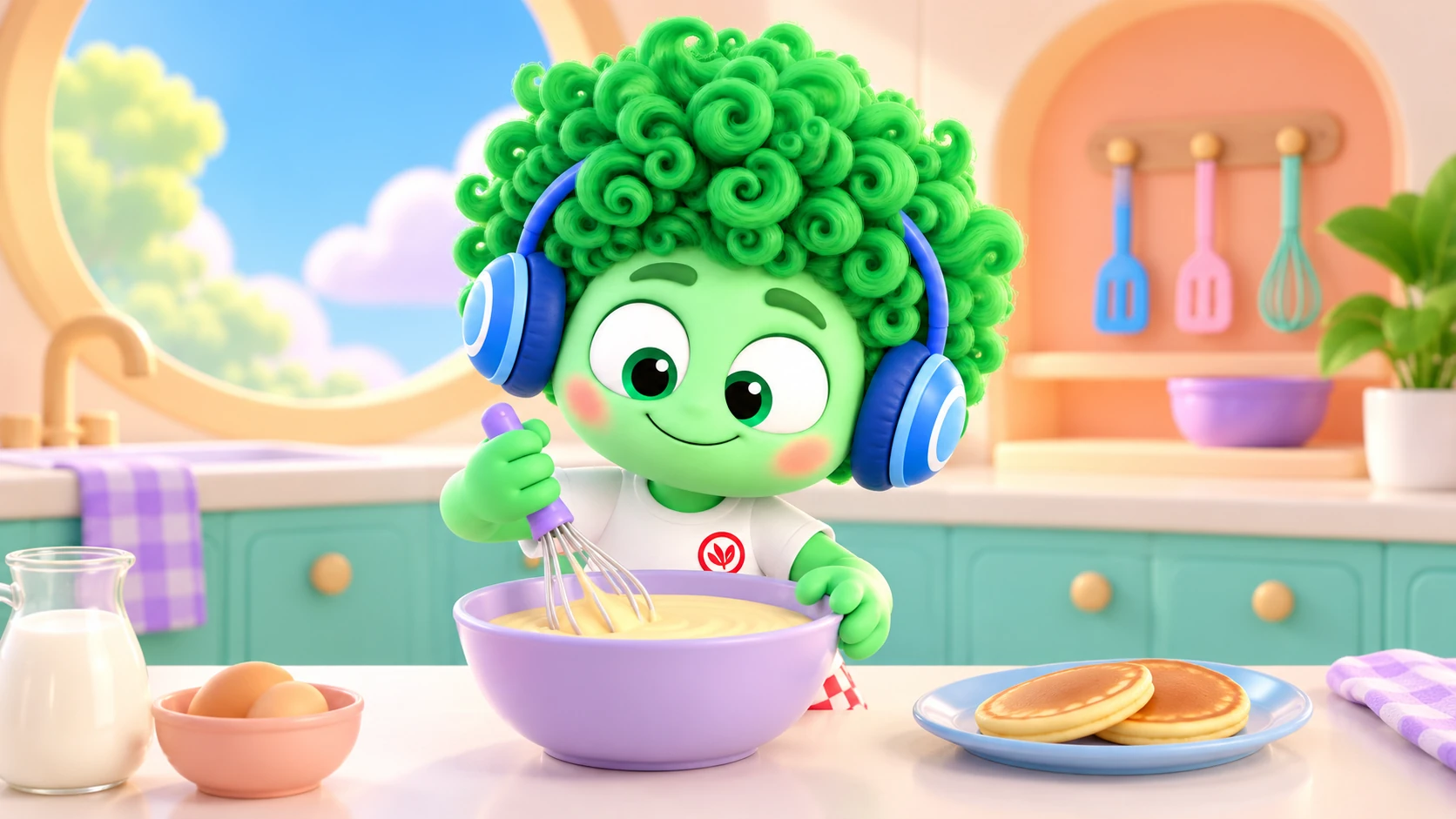Hushlit mixes pancake batter in a pastel kitchen.