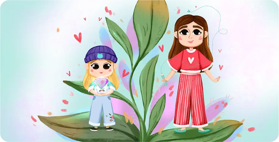 Fantasy illustration of two sisters playing together