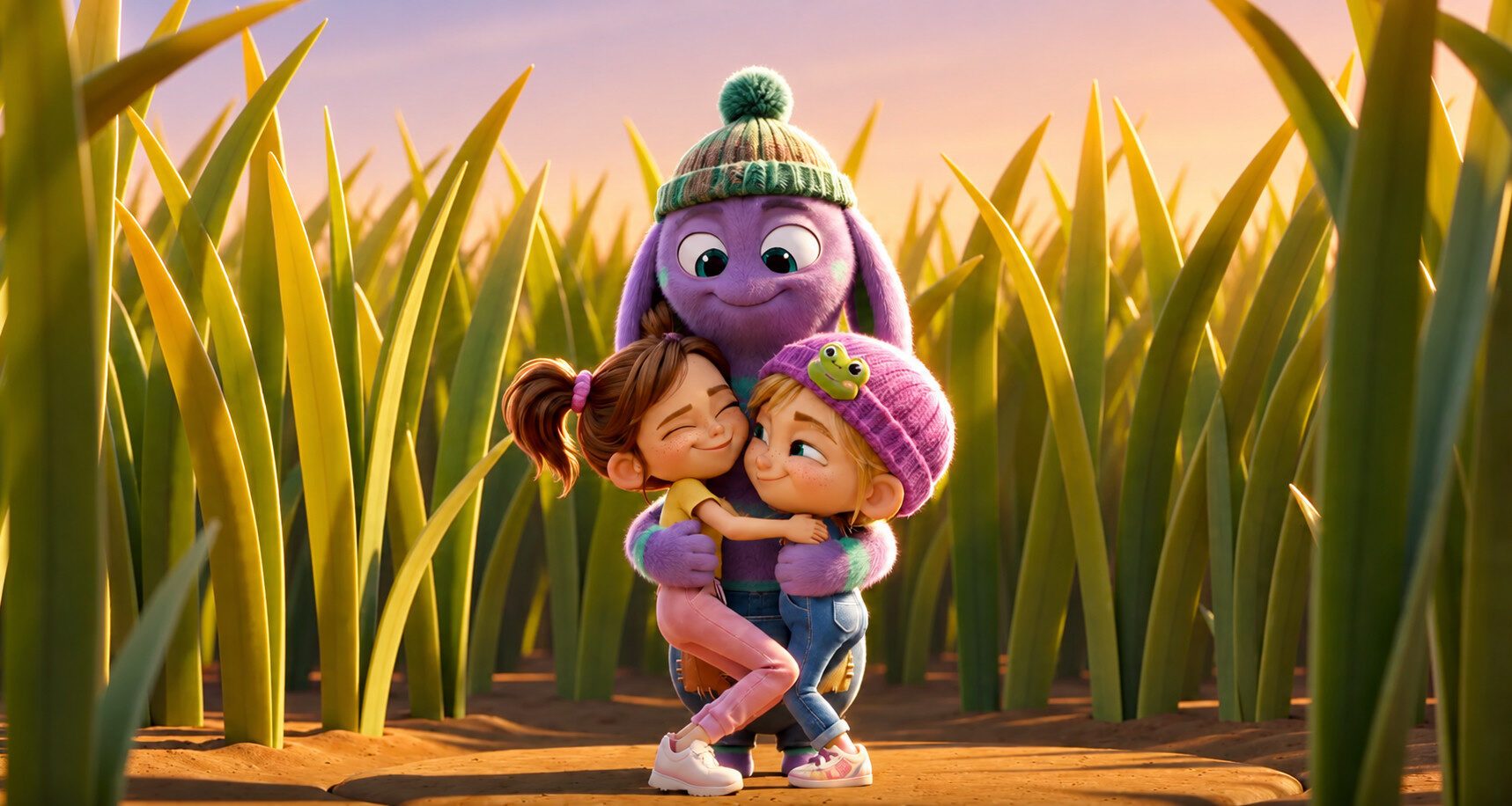 A Tamito hugging Ela and Lumi in the grass at sunset — TAMITOS animated kids series about autism, emotions and empathy