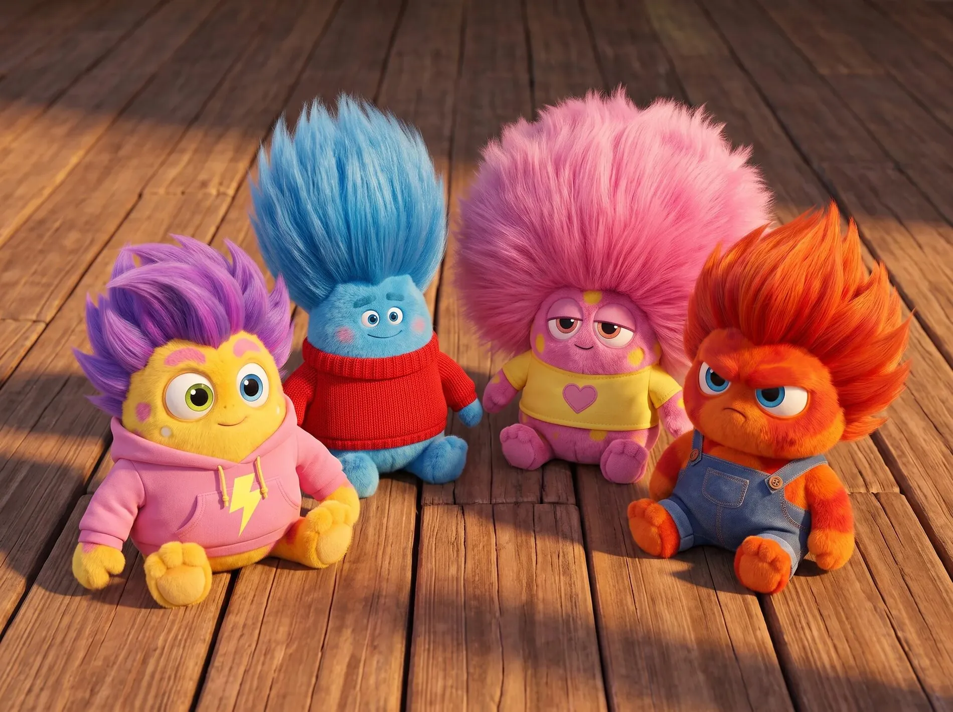 Tamitos plushie merchandise, the full plush family — animated kids series about autism, emotions and empathy